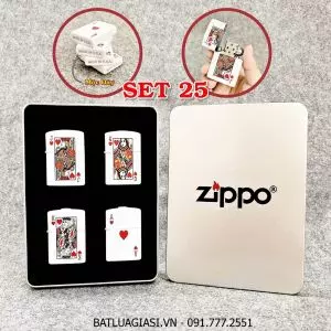 BỘ 4 BẬT LỬA ZIPPO 2 MẶT HÌNH LÁ BÀI "BỒI - ĐẦM - GIÀ - ÁT CƠ" (FULLBOX) - (XÀI XĂNG) SET 25