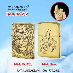 BẬT LỬA ZIPPO ZORRO KHẮC 2 MẶT HÌNH ĐẦU HỔ RUỘT VÀNG Z-2 (FULL BOX) - (XÀI XĂNG)