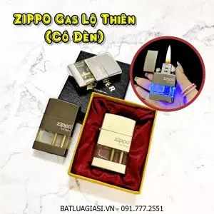 BẬT LỬA ZIPPO GAS LỘ THIÊN (CÓ ĐÈN XANH DƯƠNG) (CÓ HỘP) - (XÀI GAS)