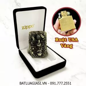 BẬT LỬA ZIPPO MỸ HÌNH TỲ HƯU GIỮ TIỀN DẬP NỔI 6 MẶT - RUỘT USA VÀNG (FULLBOX) - (XÀI XĂNG) #VÀNG CỔ