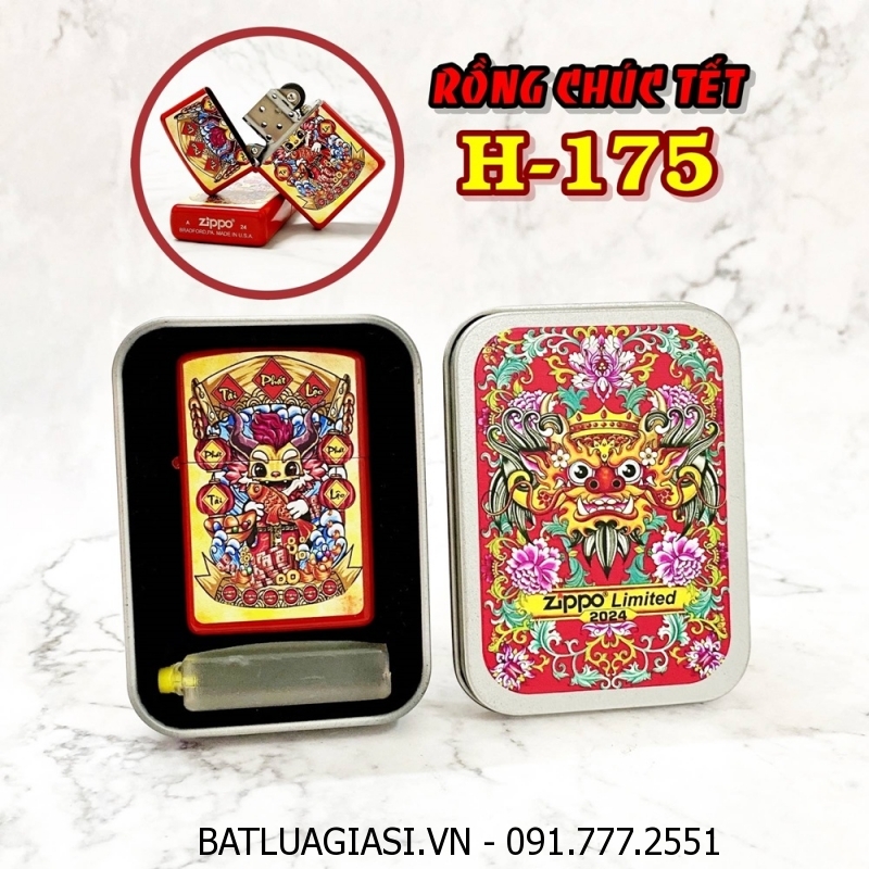 BẬT LỬA ZIPPO SƠN TĨNH ĐIỆN 2 MẶT HÌNH RỒNG CHÚC TẾT (CÓ MỘC ĐÁY) (HỘP THIẾC LIMITED) H-175