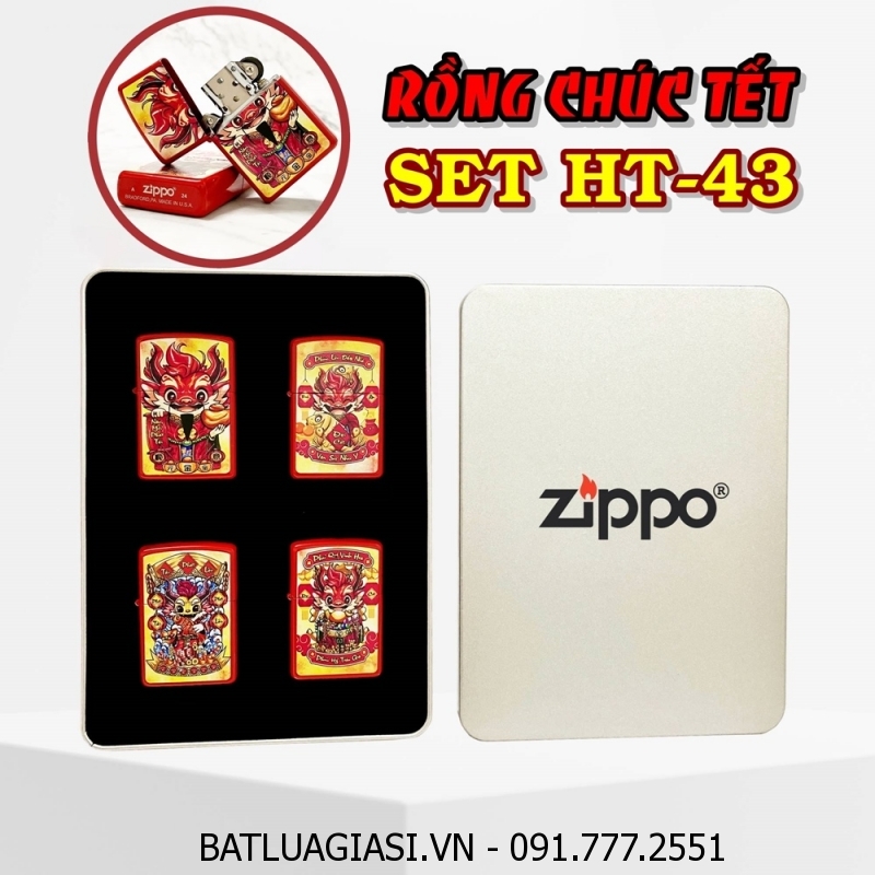 BỘ 4 BẬT LỬA ZIPPO SƠN TĨNH ĐIỆN 2 MẶT HÌNH RỒNG CHÚC TẾT (CÓ MỘC ĐÁY) (HỘP THIẾC) - (XÀI XĂNG) #SET HT-43