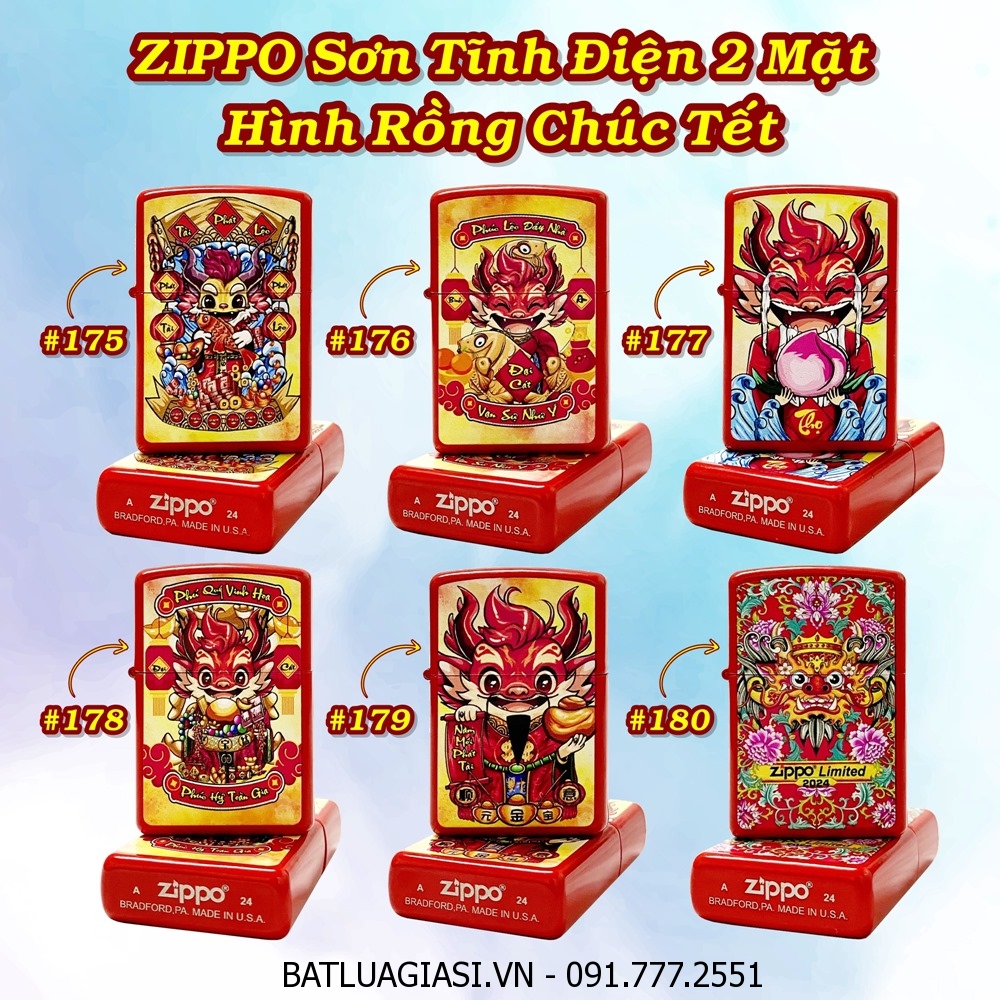 BẬT LỬA ZIPPO SƠN TĨNH ĐIỆN 2 MẶT HÌNH RỒNG CHÚC TẾT CÁC KIỂU (CÓ MỘC ĐÁY) - (XÀI XĂNG)