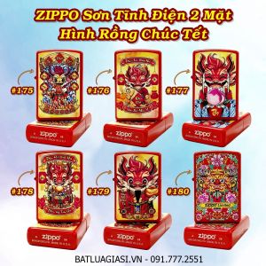 BẬT LỬA ZIPPO SƠN TĨNH ĐIỆN 2 MẶT HÌNH RỒNG CHÚC TẾT CÁC KIỂU (CÓ MỘC ĐÁY) - (XÀI XĂNG)