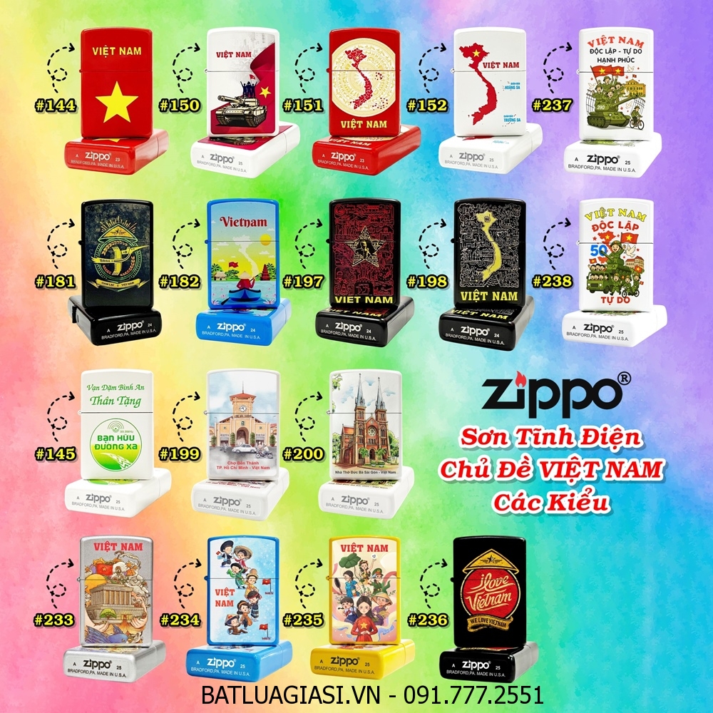 BẬT LỬA ZIPPO SƠN TĨNH ĐIỆN HÌNH VIỆT NAM CÁC KIỂU (CÓ MỘC ĐÁY) - (XÀI XĂNG)