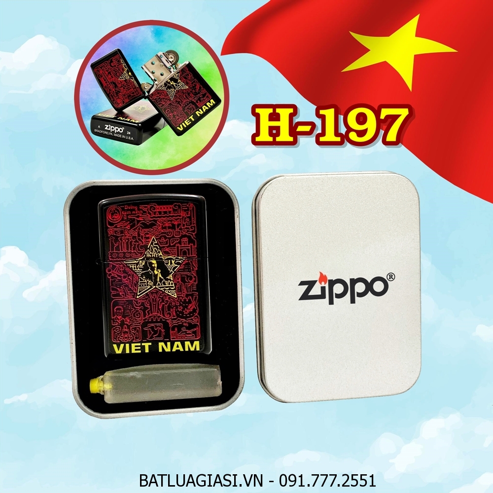 BẬT LỬA ZIPPO SƠN TĨNH ĐIỆN HÌNH MÊ CUNG SỬ VIỆT - HÌNH CỜ ĐỎ SAO VÀNG VIỆT NAM (CÓ MỘC ĐÁY) (HỘP THIẾC KÈM XĂNG) H-197