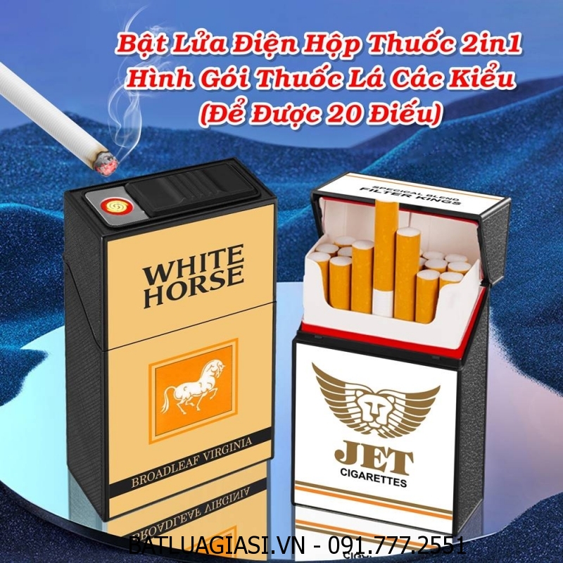 BẬT LỬA ĐIỆN HỘP THUỐC 2IN1 HÌNH GÓI THUỐC LÁ CON NGỰA TRẮNG WHITE HORSE (ĐỂ ĐƯỢC 20 ĐIẾU THUỐC) (FULLBOX) - (SẠC ĐIỆN)