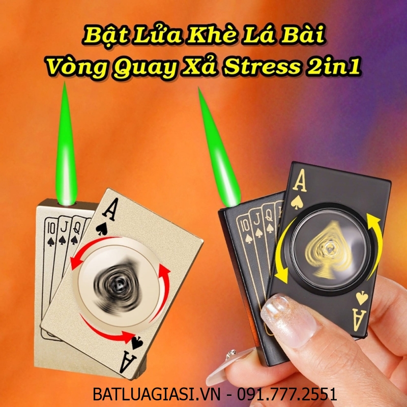 BẬT LỬA KHÈ LÁ BÀI VÒNG QUAY XẢ STRESS 2IN1 (KIM LOẠI) - (XÀI GAS)