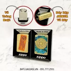 BẬT LỬA ZIPPO MỸ KHẢM XÀ CỪ HÌNH LA BÀN NHỎ (ZIPPO ARMOR VỎ DÀY) - RUỘT USA (CÓ TEM ĐỎ) - (XÀI XĂNG)