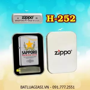 BẬT LỬA ZIPPO SƠN TĨNH ĐIỆN 2 MẶT HÌNH LOGO BIA SAPPORO (CÓ MỘC ĐÁY) (HỘP THIẾC KÈM XĂNG) H-252