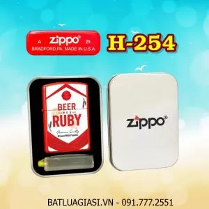 BẬT LỬA ZIPPO SƠN TĨNH ĐIỆN 2 MẶT HÌNH LOGO BIA RUBY (CÓ MỘC ĐÁY) (HỘP THIẾC KÈM XĂNG) H-254