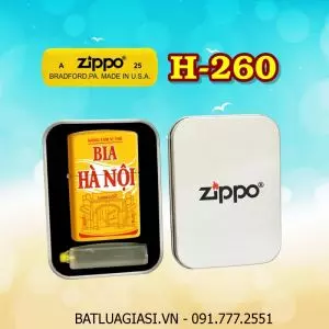 BẬT LỬA ZIPPO SƠN TĨNH ĐIỆN 2 MẶT HÌNH LOGO BIA HÀ NỘI (CÓ MỘC ĐÁY) (HỘP THIẾC KÈM XĂNG) H-260