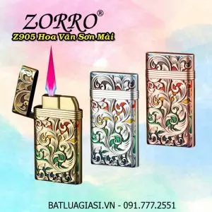 BẬT LỬA KHÈ ZORRO Z905 HÌNH HOA VĂN SƠN MÀI DẬP NỔI 2 MẶT - (XÀI GAS)