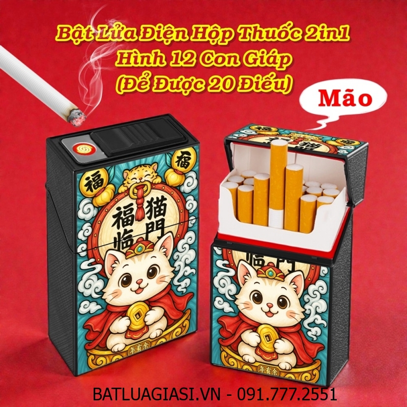 BẬT LỬA ĐIỆN HỘP THUỐC 2IN1 HÌNH 12 CON GIÁP (ĐỂ ĐƯỢC 20 ĐIẾU) (FULLBOX) - (SẠC ĐIỆN) #MÃO (MÈO)