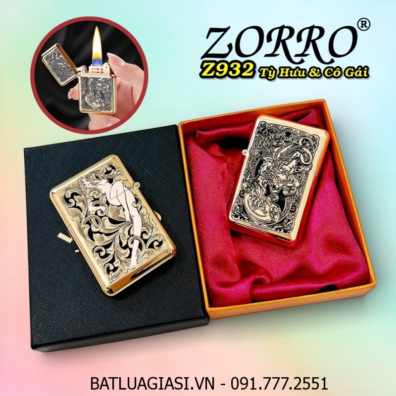 BẬT LỬA XĂNG ĐÁ ZORRO Z932 HÌNH TỲ HƯU GIỮ TIỀN VÀ CÔ GÁI DẬP NỔI 2 MẶT (CÓ HỘP) - (XÀI XĂNG)