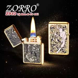 BẬT LỬA XĂNG ĐÁ ZORRO Z932 HÌNH TỲ HƯU GIỮ TIỀN VÀ CÔ GÁI DẬP NỔI 2 MẶT - (XÀI XĂNG)