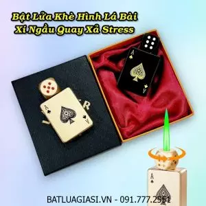BẬT LỬA KHÈ HÌNH LÁ BÀI XÍ NGẦU QUAY XẢ STRESS (KIM LOẠI) (CÓ HỘP) - (XÀI GAS)