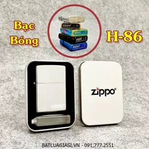 BẬT LỬA ZIPPO TRƠN BÓNG (CÓ MỘC ĐÁY) (HỘP THIẾC KÈM XĂNG) #BẠC BÓNG H-86