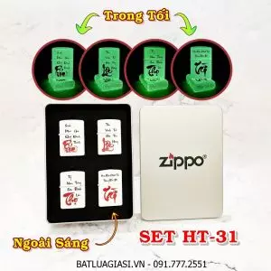 BỘ 4 BẬT LỬA ZIPPO CHỮ THƯ PHÁP CÁC KIỂU (DẠ QUANG HÚT ÁNH SÁNG) (PHÚC - LỘC - THỌ - TÀI) (HỘP THIẾC) - (XÀI XĂNG) SET HT-31