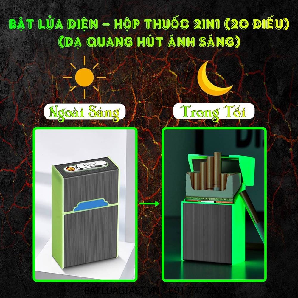 BẬT LỬA ĐIỆN - HỘP THUỐC 2IN1 (DẠ QUANG HÚT ÁNH SÁNG) (ĐỂ ĐƯỢC 20 ĐIẾU THUỐC) - (SẠC ĐIỆN)