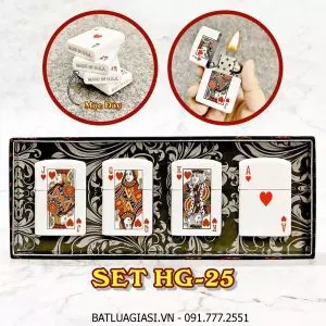 BỘ 4 BẬT LỬA ZIPPO 2 MẶT HÌNH LÁ BÀI "BỒI - ĐẦM - GIÀ - ÁT CƠ" (FULLBOX) - (XÀI XĂNG) SET HG-25
