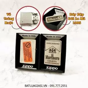 BẬT LỬA ZIPPO MỸ BẠC CỔ LOGO MARLBORO MẪU 1 - ĐỜI LA MÃ 1995 - RUỘT USA (CÓ TEM ĐỎ) - (XÀI XĂNG) #BẠC CỔ