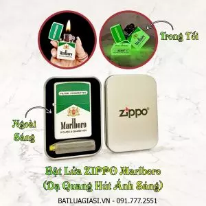 BẬT LỬA ZIPPO MARLBORO XANH - DẠ QUANG HÚT ÁNH SÁNG (CÓ MỘC ĐÁY) - (HỘP THIẾC KÈM XĂNG)