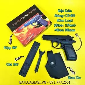 BẬT LỬA KHÈ HÌNH SÚNG CZ-83 KIM LOẠI (CÓ BAO DA + GIÁ ĐỠ) SIZE: 19CM - (XÀI GAS) #ĐEN NHÁM