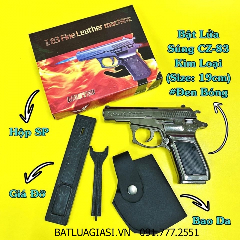 BẬT LỬA KHÈ HÌNH SÚNG CZ-83 KIM LOẠI (CÓ BAO DA + GIÁ ĐỠ) SIZE: 19CM - (XÀI GAS) #ĐEN BÓNG