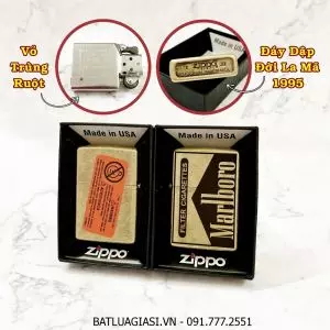 BẬT LỬA ZIPPO MỸ VÀNG CỔ LOGO MARLBORO MẪU 2 - ĐỜI LA MÃ 1995 - RUỘT USA (CÓ TEM ĐỎ) - (XÀI XĂNG) #VÀNG CỔ