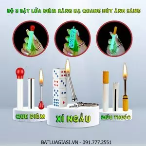 BỘ 3 BẬT LỬA DIÊM XĂNG DẠ QUANG HÚT ÁNH SÁNG (XÍ NGẦU, ĐIẾU THUỐC, QUE DIÊM) - (XÀI XĂNG)