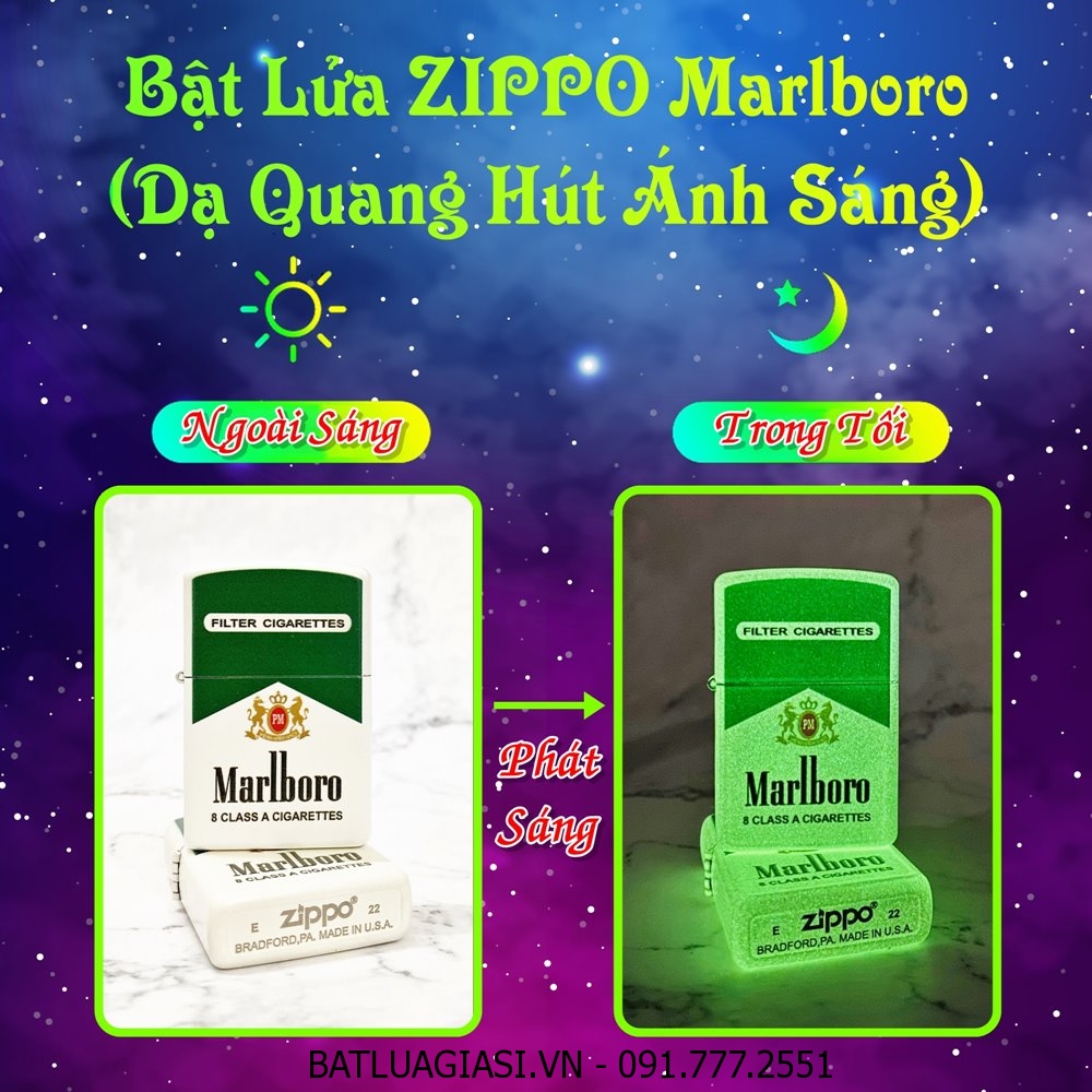 BẬT LỬA ZIPPO MARLBORO XANH - DẠ QUANG HÚT ÁNH SÁNG (CÓ MỘC ĐÁY) - (XÀI XĂNG)
