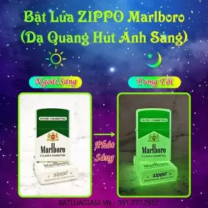 BẬT LỬA ZIPPO MARLBORO XANH - DẠ QUANG HÚT ÁNH SÁNG (CÓ MỘC ĐÁY) - (XÀI XĂNG)
