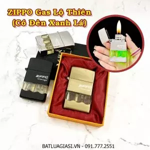 BẬT LỬA ZIPPO GAS LỘ THIÊN KIỂU GỢN SÓNG (CÓ ĐÈN XANH LÁ) (CÓ HỘP) - (XÀI GAS)