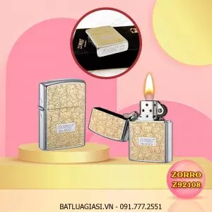 BẬT LỬA ZIPPO ZORRO KHẮC HOA VĂN 2 MẶT VIỀN BẠC Z92108 (FULLBOX) - (XÀI XĂNG)