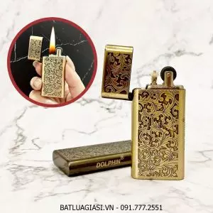 BẬT LỬA SLIM - DOLPHIN XĂNG ĐÁ CỔ 1 BÁNH XE KHẮC HOA VĂN - (XÀI XĂNG)